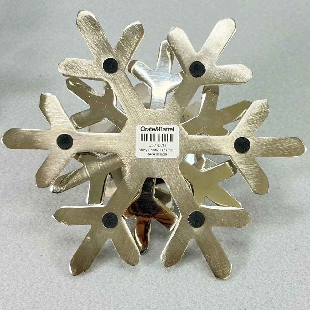 Crate & Barrel Pair Shiny Snowflake Taper Candle Holders Silver Festive Holiday
